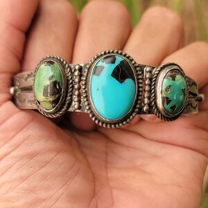 Amazing vintage Fred Harvey Era high grade turquoise stampwork 925 sterling silv